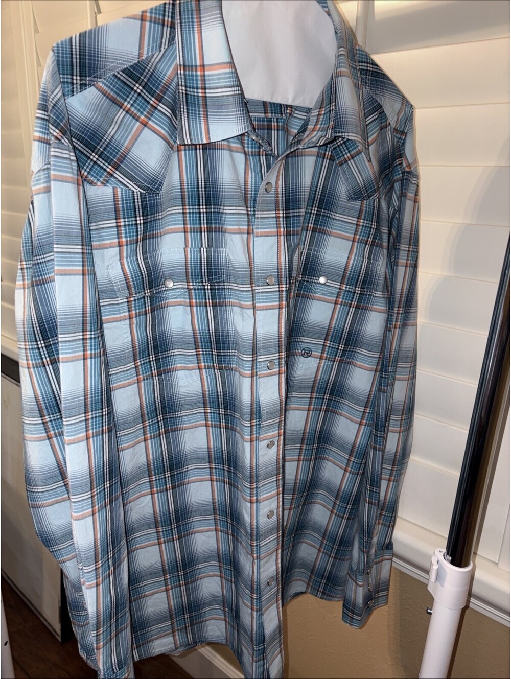ROPER Western Shirt Mens Size Large Long Sleeve Pearl Snap Blue/Orange Plaid